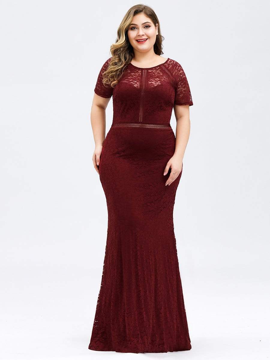 COLOR=Burgundy | Plus Size Short Sleeve Long Burgundy Lace Evening Dress-Burgundy 1