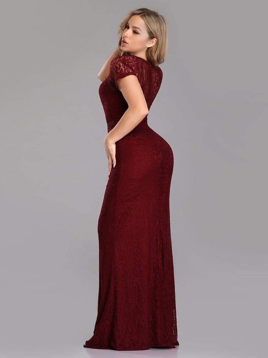 COLOR=Burgundy | Short Sleeve Long Burgundy Lace Evening Dress-Burgundy 2