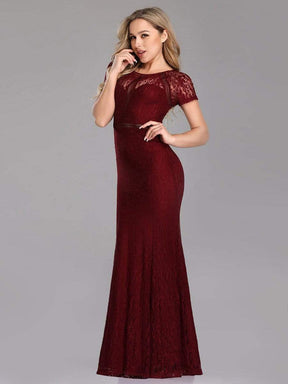 COLOR=Burgundy | Short Sleeve Long Burgundy Lace Evening Dress-Burgundy 3