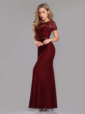 COLOR=Burgundy | Short Sleeve Long Burgundy Lace Evening Dress-Burgundy 4