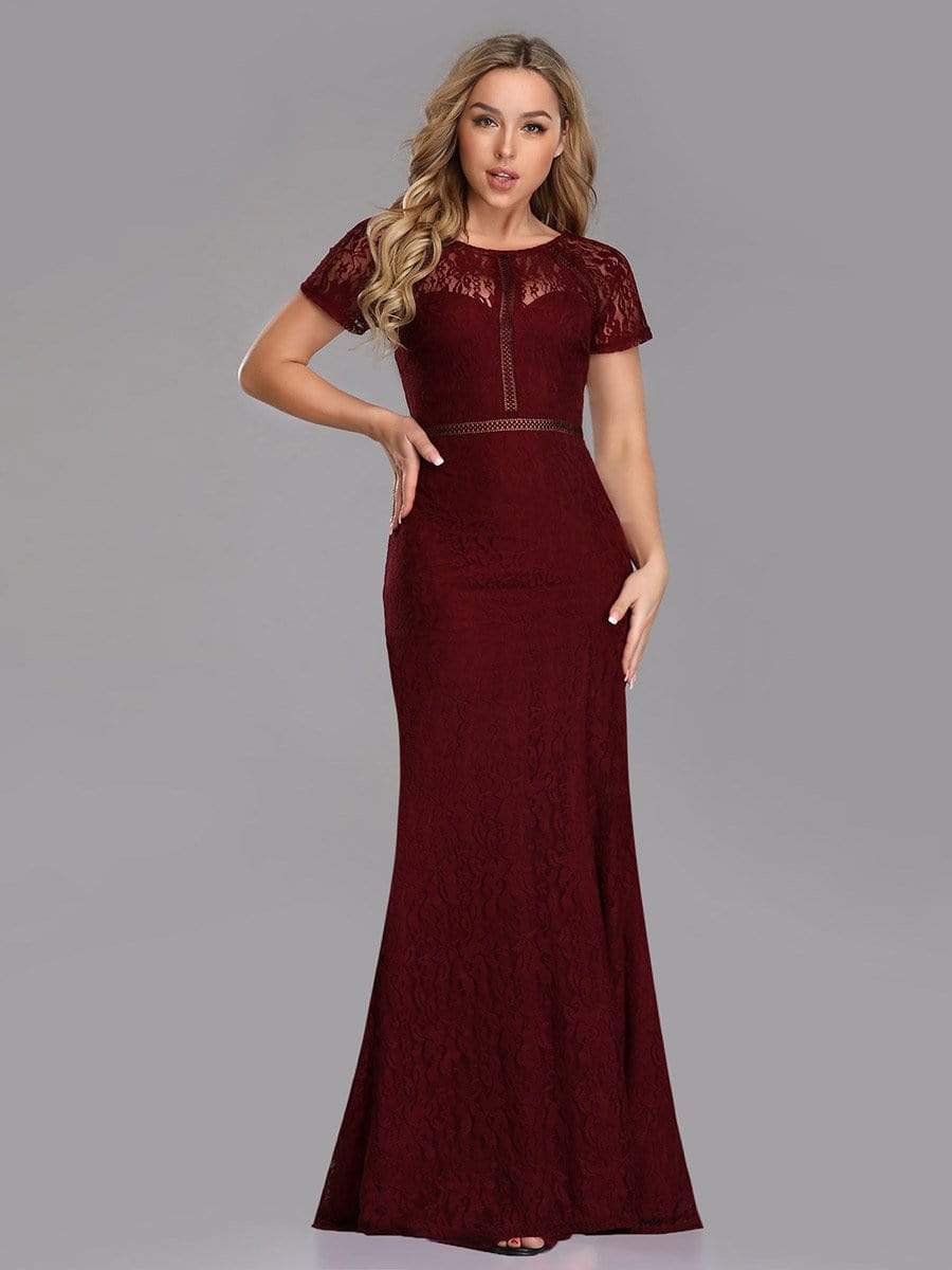 COLOR=Burgundy | Short Sleeve Long Burgundy Lace Evening Dress-Burgundy 1