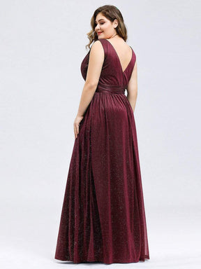 Color=Burgundy | Plus Size Women'S Deep V Neck Floor Length Evening Dress-Burgundy 2