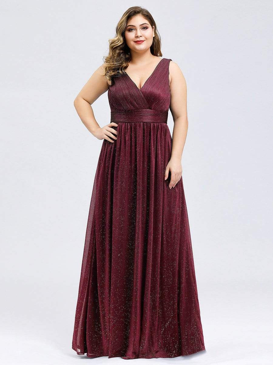 Color=Burgundy | Plus Size Women'S Deep V Neck Floor Length Evening Dress-Burgundy 3