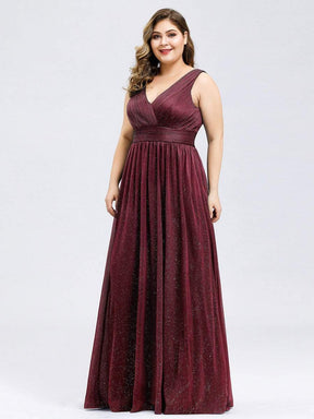 Color=Burgundy | Plus Size Women'S Deep V Neck Floor Length Evening Dress-Burgundy 4