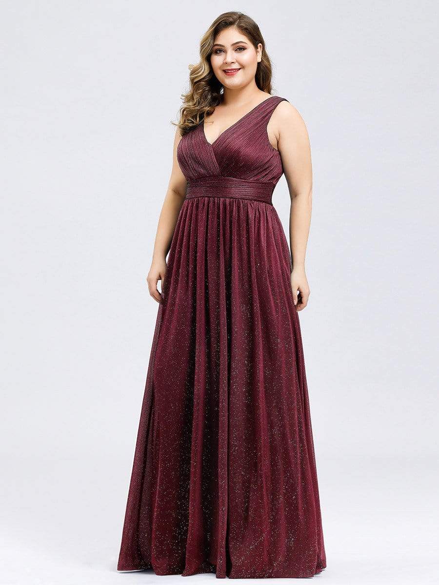 Color=Burgundy | Plus Size Women'S Deep V Neck Floor Length Evening Dress-Burgundy 4