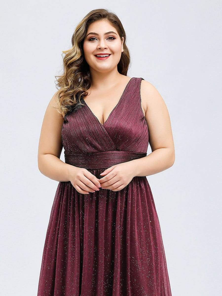 Color=Burgundy | Plus Size Women'S Deep V Neck Floor Length Evening Dress-Burgundy 5