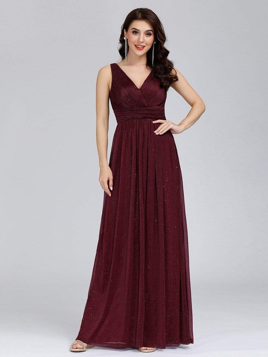 Color=Burgundy | Women'S Deep V Neck Floor Length Evening Dress-Burgundy 1