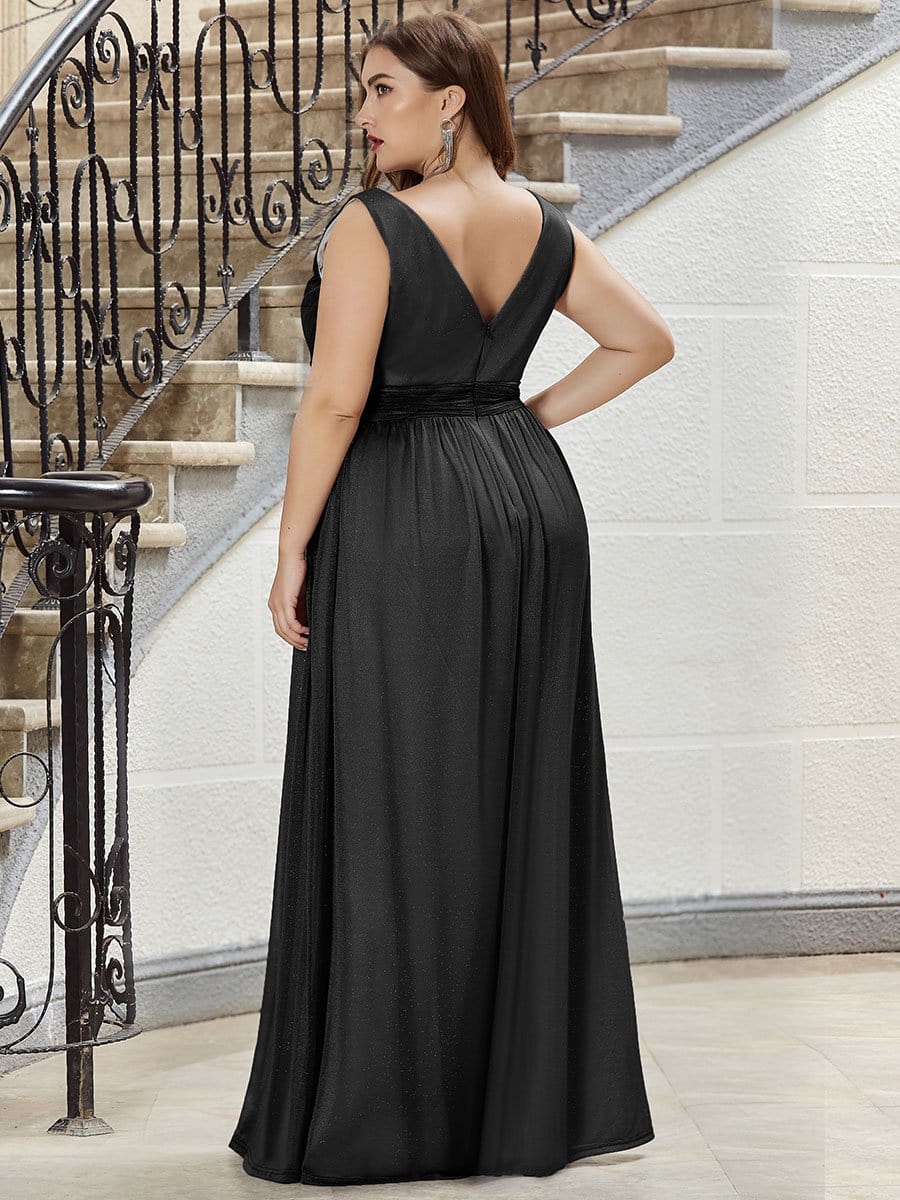 Color=Black | Plus Size Women'S Deep V Neck Floor Length Evening Dress-Black 2