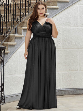 Color=Black | Plus Size Women'S Deep V Neck Floor Length Evening Dress-Black 1
