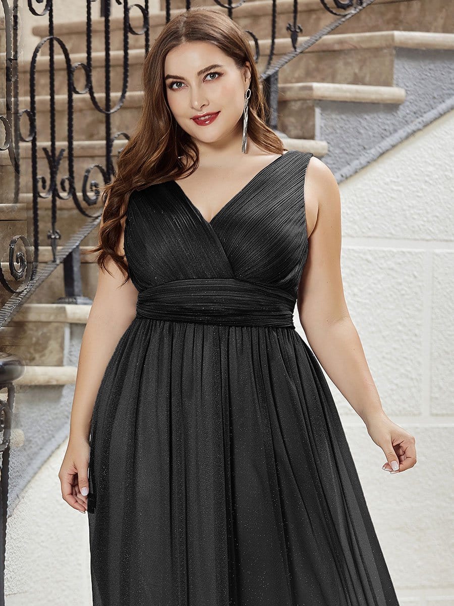 Color=Black | Plus Size Women'S Deep V Neck Floor Length Evening Dress-Black 3