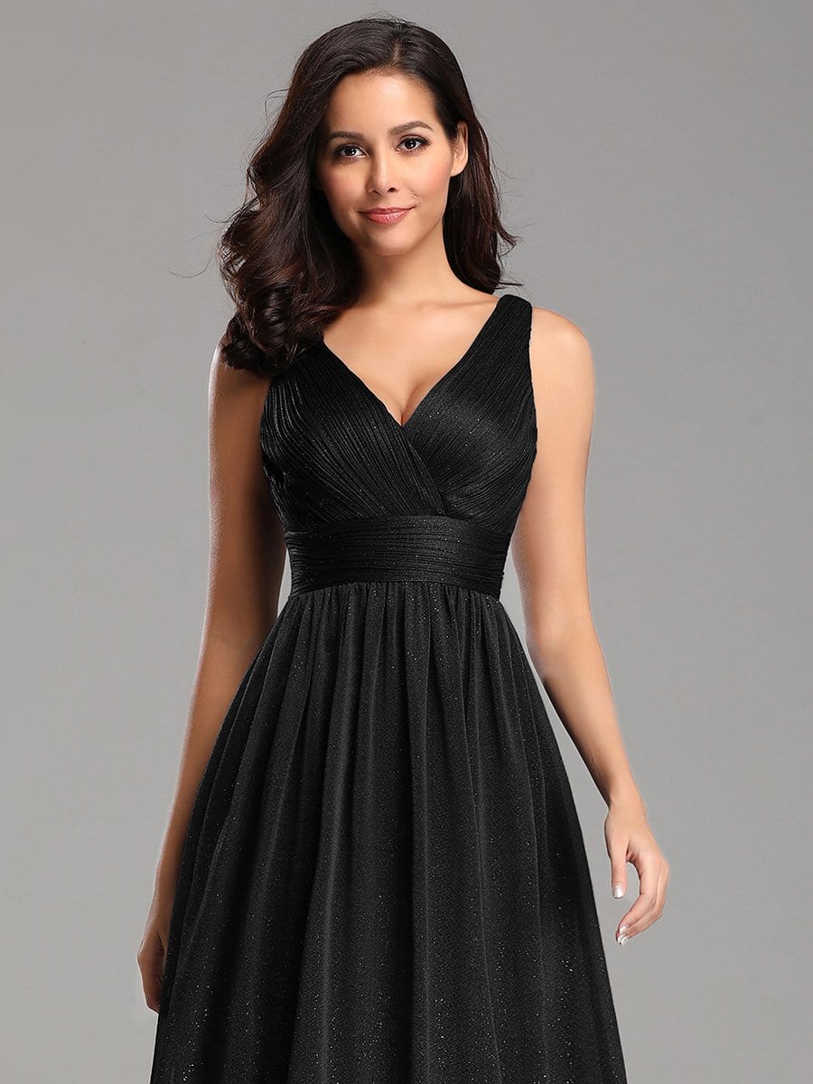 Color=Black | Women'S Deep V Neck Floor Length Evening Dress-Black 3