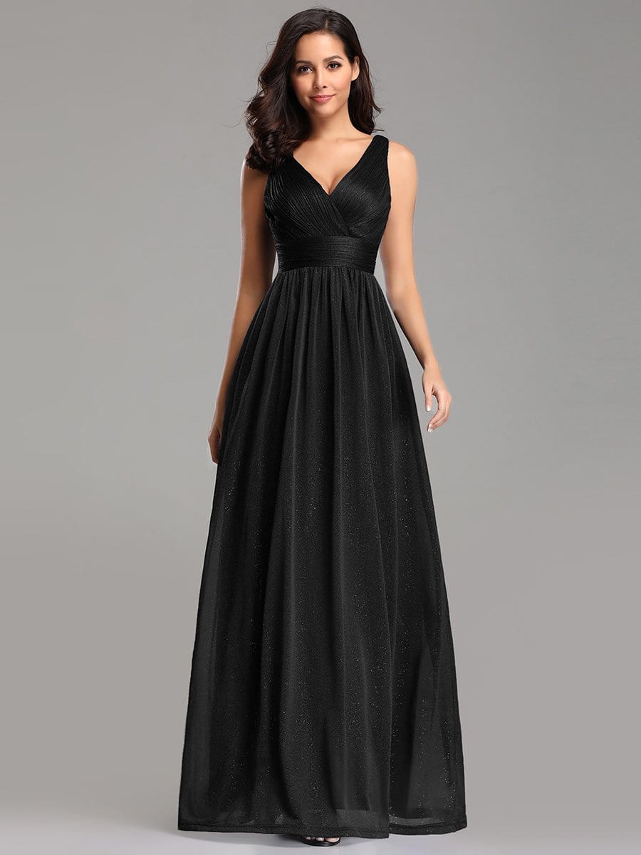 Color=Black | Women'S Deep V Neck Floor Length Evening Dress-Black 1