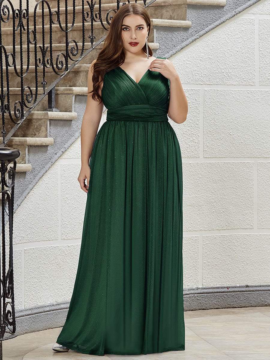 Color=Dark Green | Plus Size Women'S Deep V Neck Floor Length Evening Dress-Dark Green 8