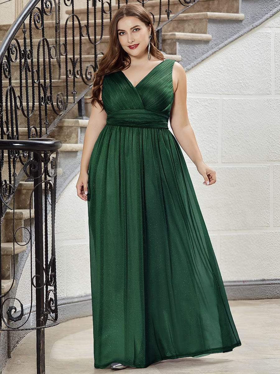 Color=Dark Green | Plus Size Women'S Deep V Neck Floor Length Evening Dress-Dark Green 6