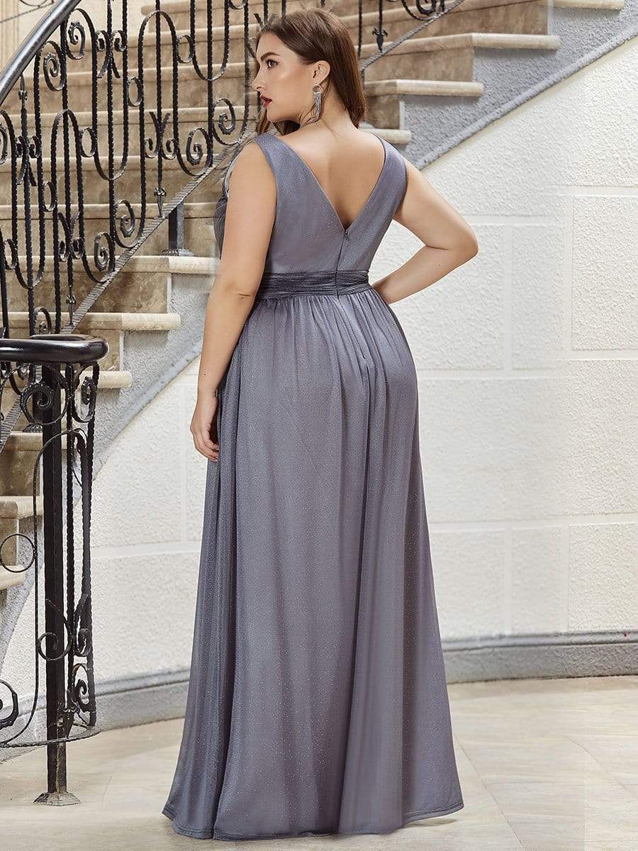 Color=Grey | Plus Size Women'S Deep V Neck Floor Length Evening Dress-Grey 2