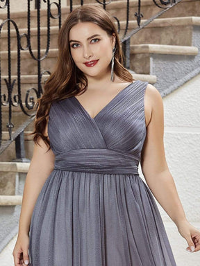 Color=Grey | Plus Size Women'S Deep V Neck Floor Length Evening Dress-Grey 5