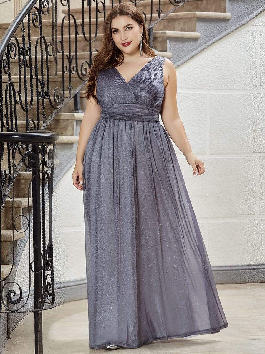 Color=Grey | Plus Size Women'S Deep V Neck Floor Length Evening Dress-Grey 1
