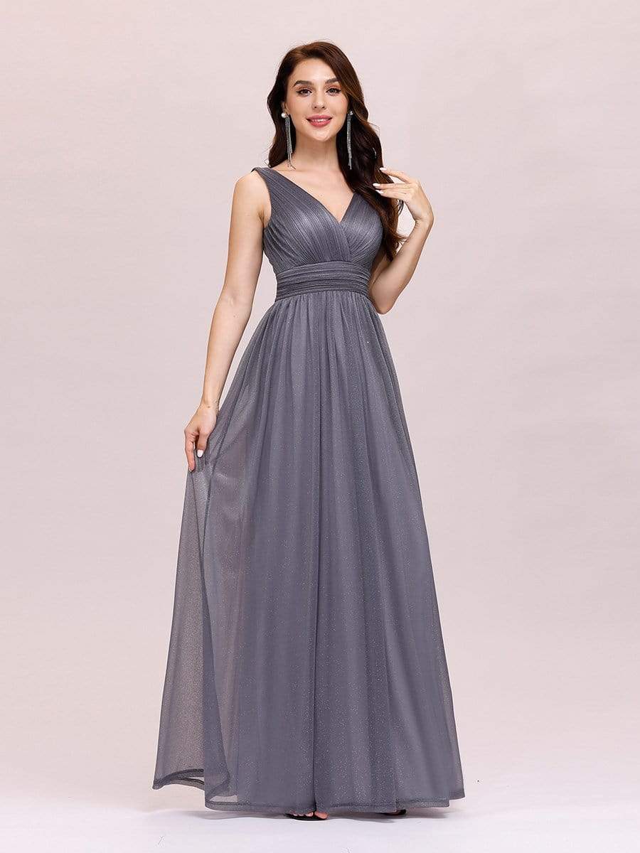 Color=Grey | Women'S Deep V Neck Floor Length Evening Dress-Grey 8