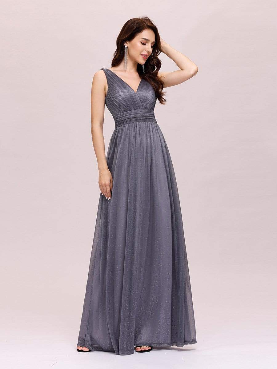 Color=Grey | Women'S Deep V Neck Floor Length Evening Dress-Grey 9