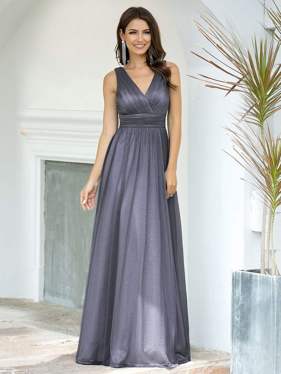 Color=Grey | Women'S Deep V Neck Floor Length Evening Dress-Grey 1