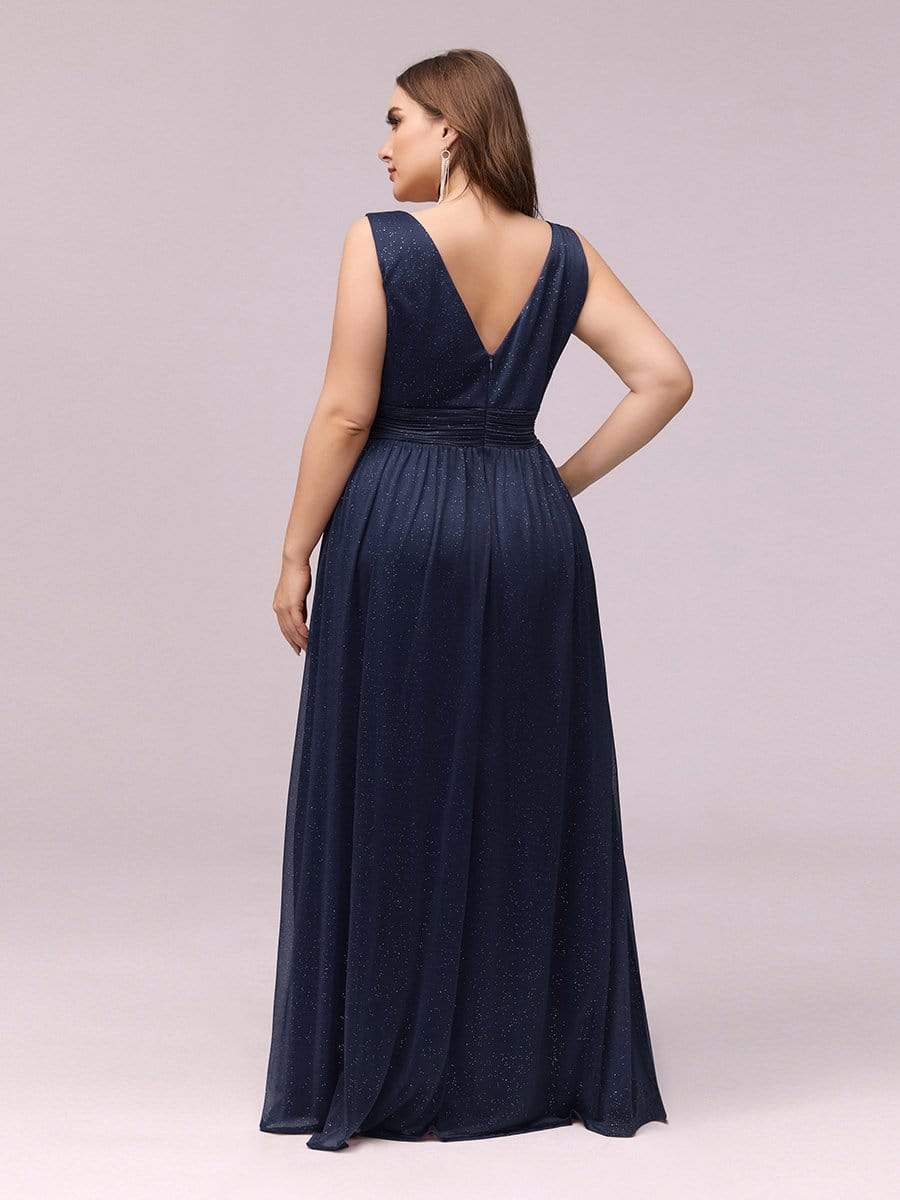 Color=Navy Blue | Plus Size Women'S Deep V Neck Floor Length Evening Dress-Navy Blue 2