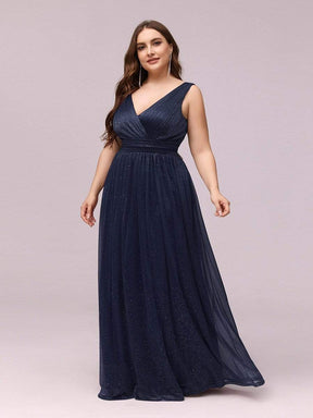 Color=Navy Blue | Plus Size Women'S Deep V Neck Floor Length Evening Dress-Navy Blue 3