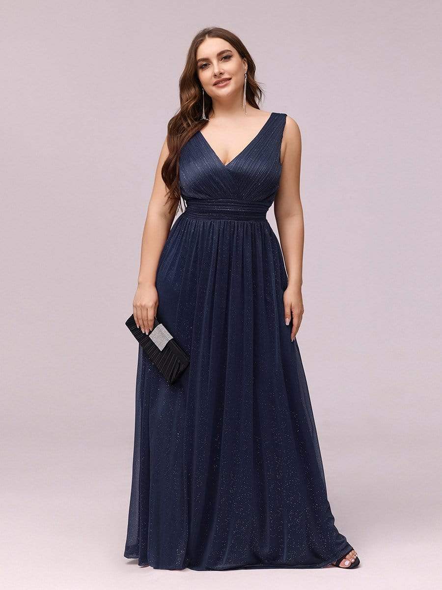 Color=Navy Blue | Plus Size Women'S Deep V Neck Floor Length Evening Dress-Navy Blue 4