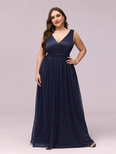 Color=Navy Blue | Plus Size Women'S Deep V Neck Floor Length Evening Dress-Navy Blue 1