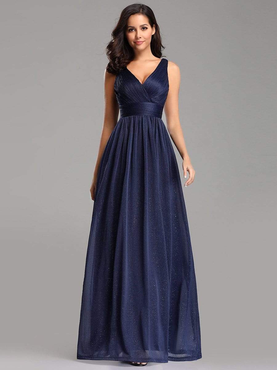 Color=Navy Blue | Women'S Deep V Neck Floor Length Evening Dress-Navy Blue 1