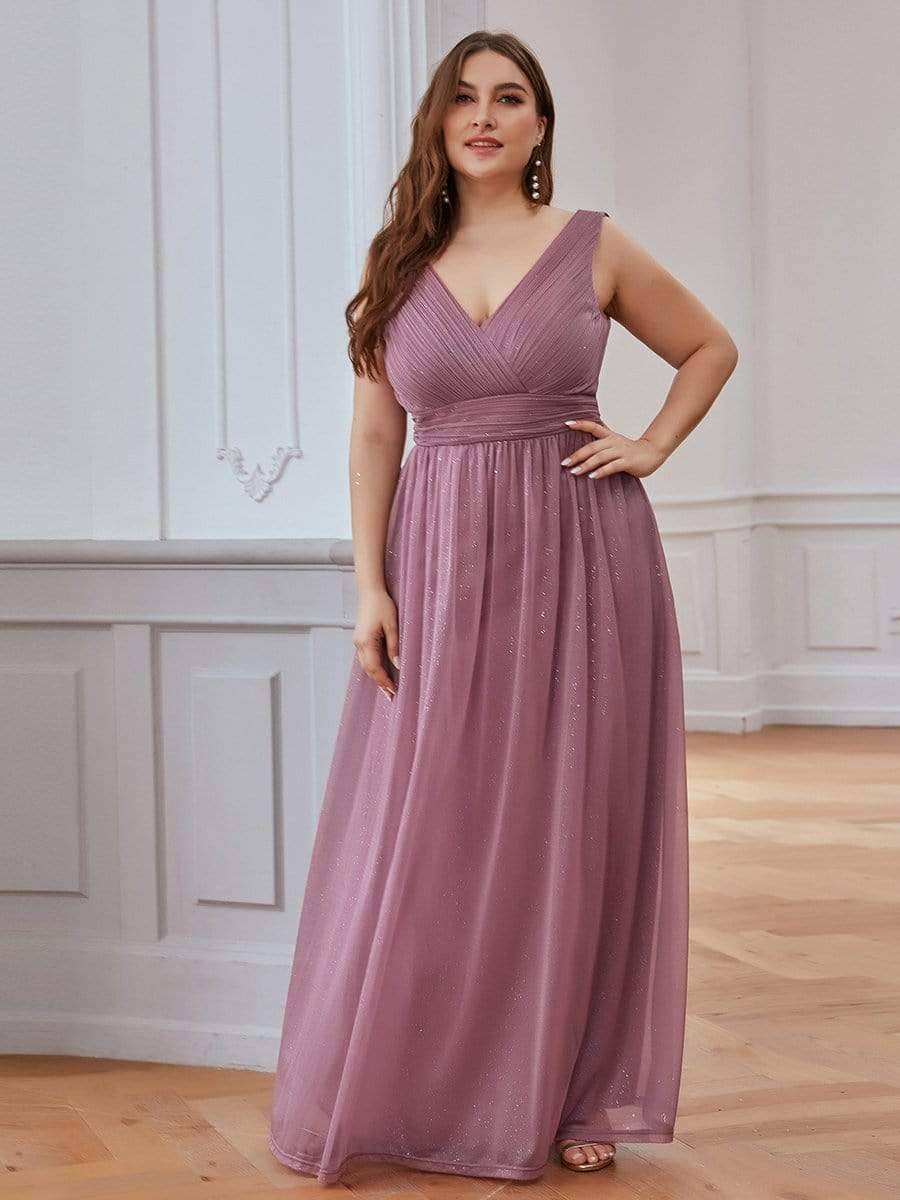 Color=Purple Orchid | Plus Size Women'S Deep V Neck Floor Length Evening Dress-Purple Orchid 8