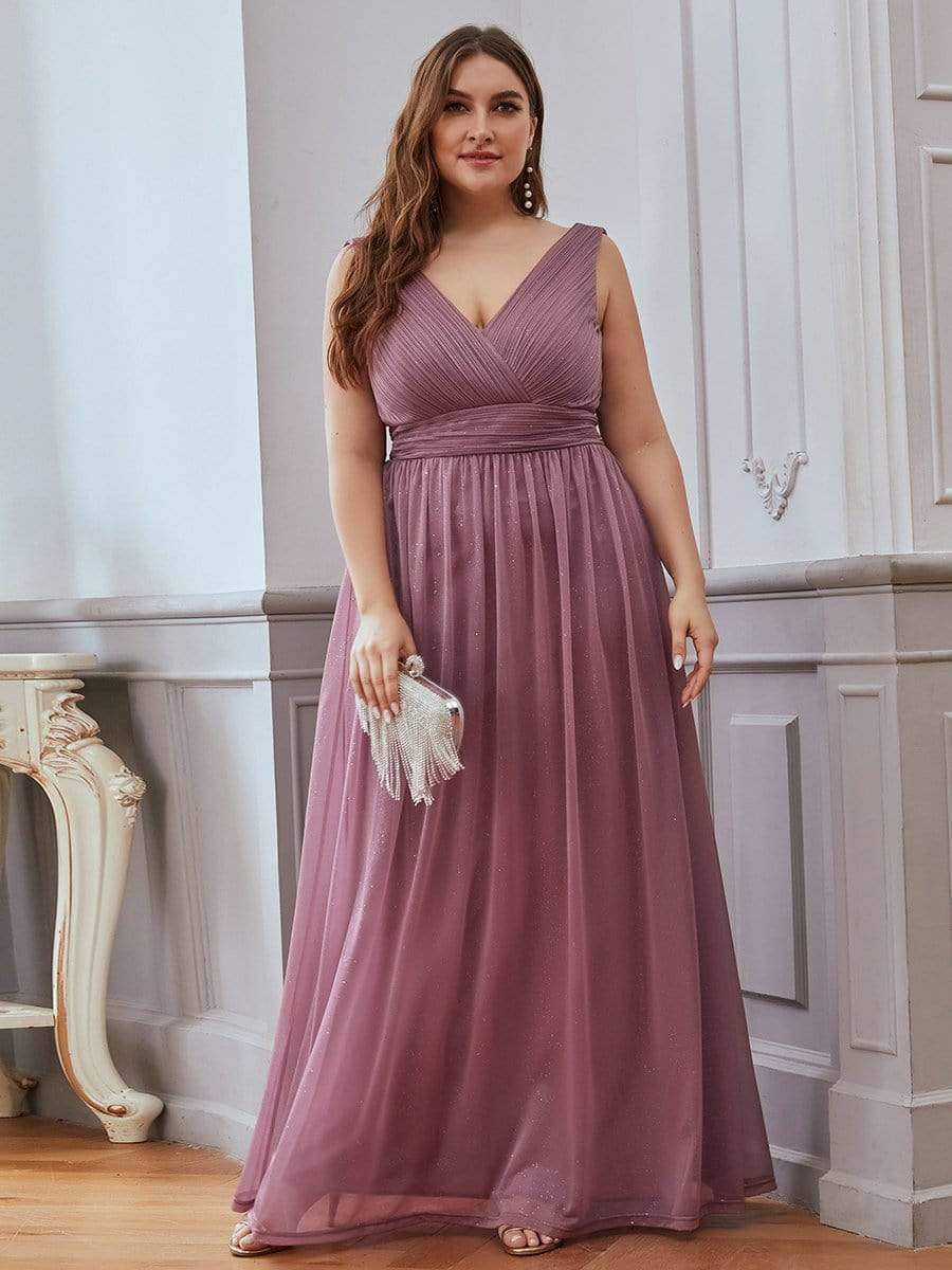 Color=Purple Orchid | Plus Size Women'S Deep V Neck Floor Length Evening Dress-Purple Orchid 9