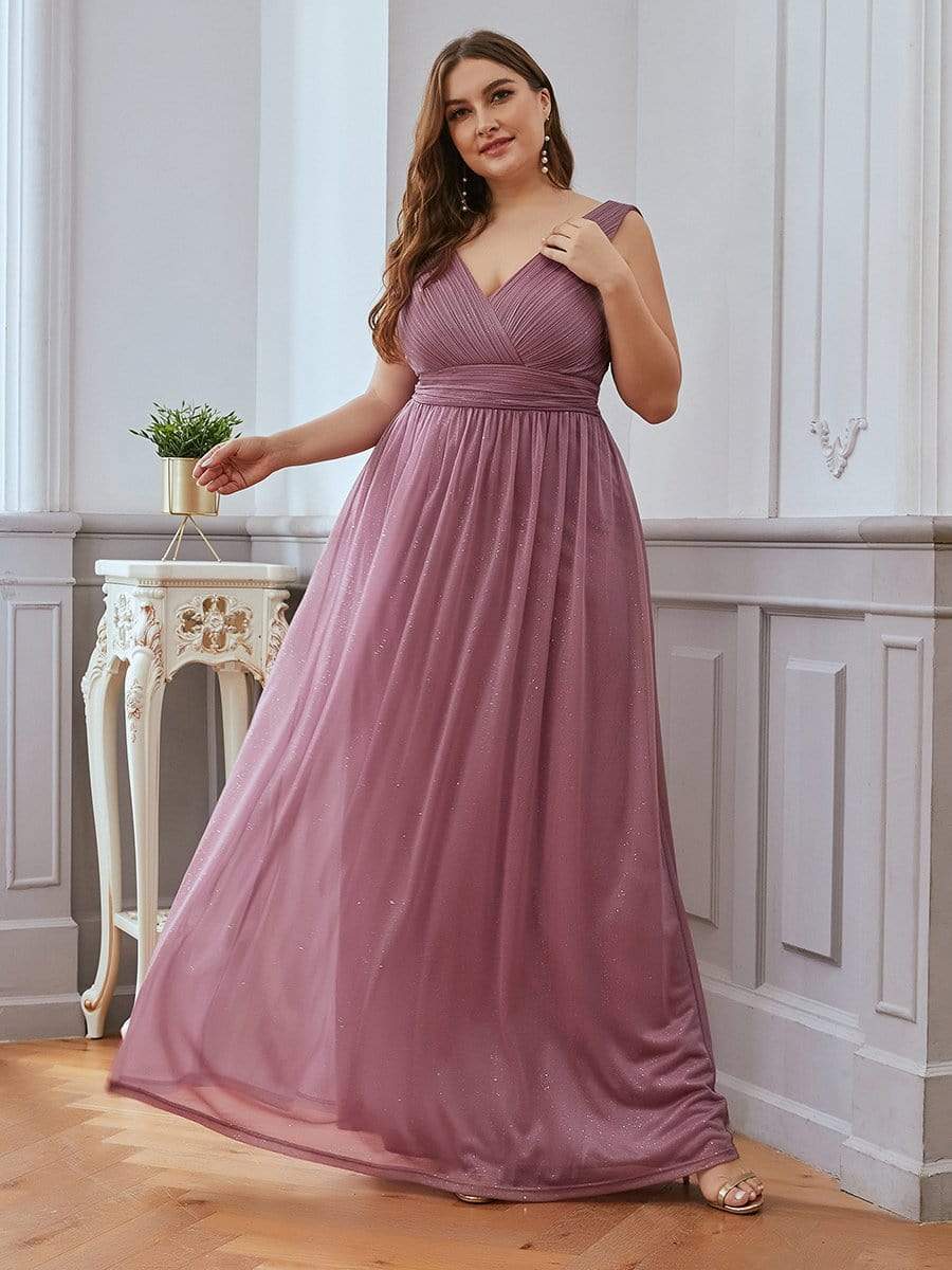 Color=Purple Orchid | Plus Size Women'S Deep V Neck Floor Length Evening Dress-Purple Orchid 6