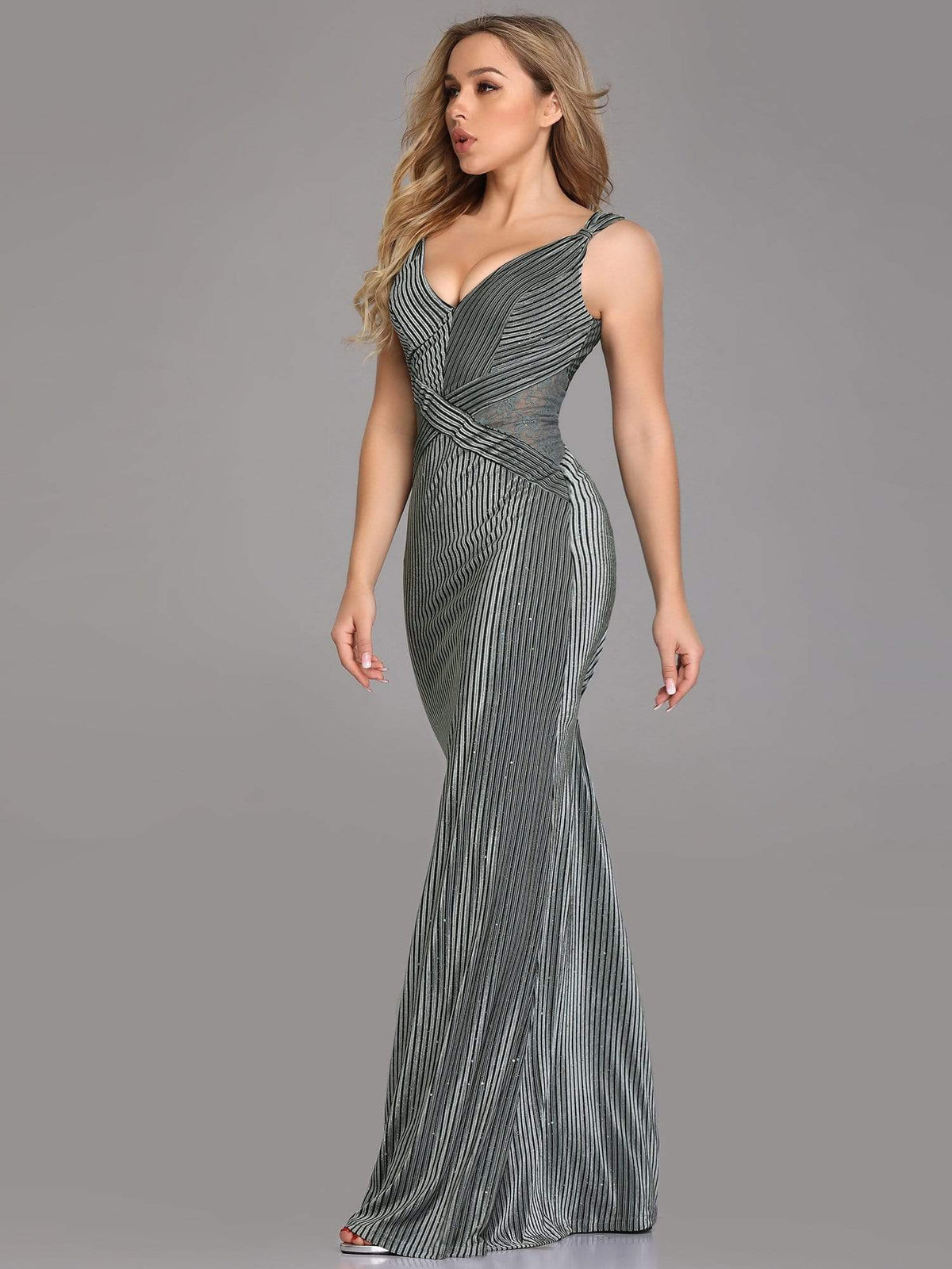 Color=Grey | Sleeveless V-Neck Fishtail Evening Dress-Grey 1
