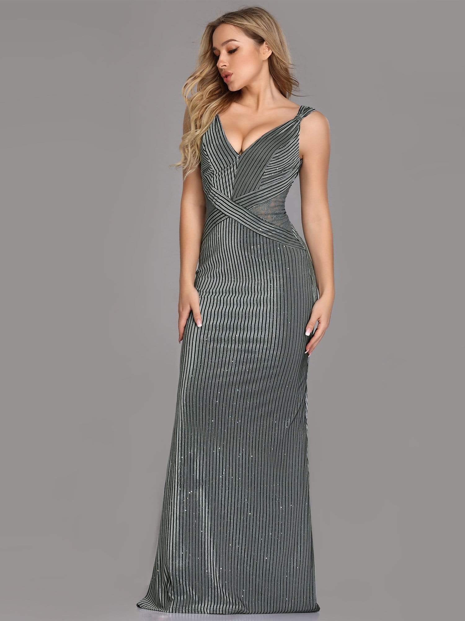 Color=Grey | Sleeveless V-Neck Fishtail Evening Dress-Grey 4