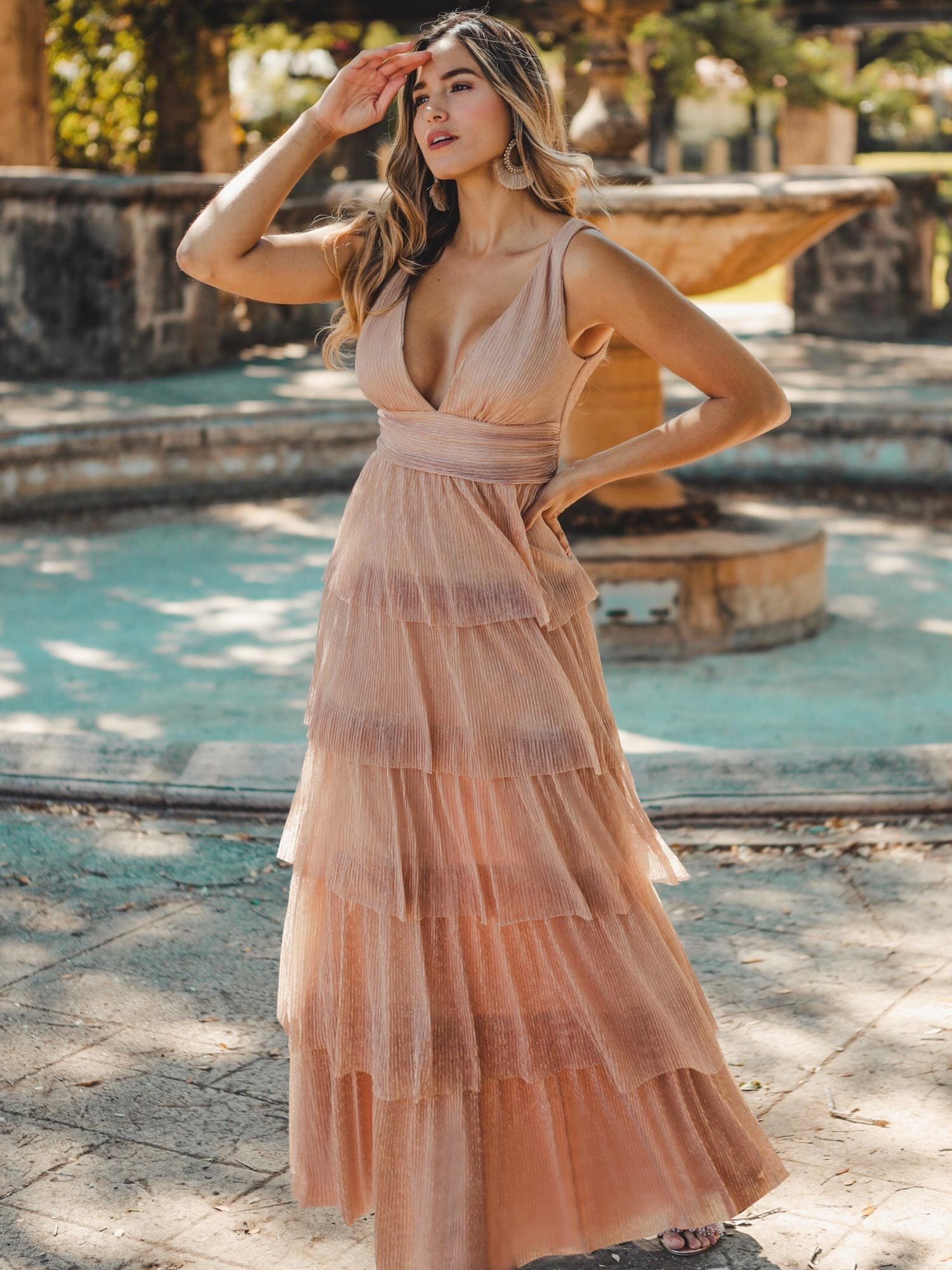 Color=Blush | V Neck Shimmery Tiered Evening Dress-Blush 1