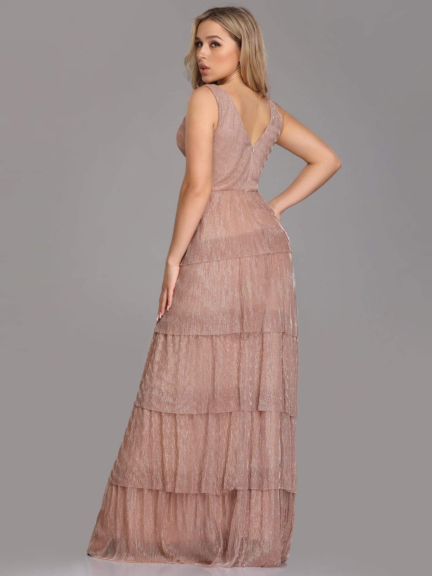 Color=Blush | V Neck Shimmery Tiered Evening Dress-Blush 5