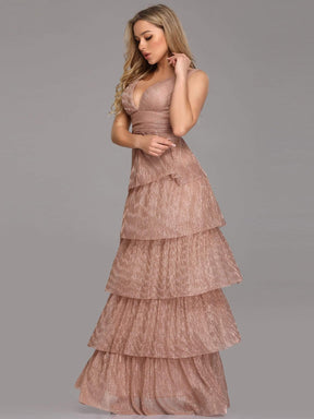 Color=Blush | V Neck Shimmery Tiered Evening Dress-Blush 6
