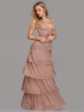 Color=Blush | V Neck Shimmery Tiered Evening Dress-Blush 7