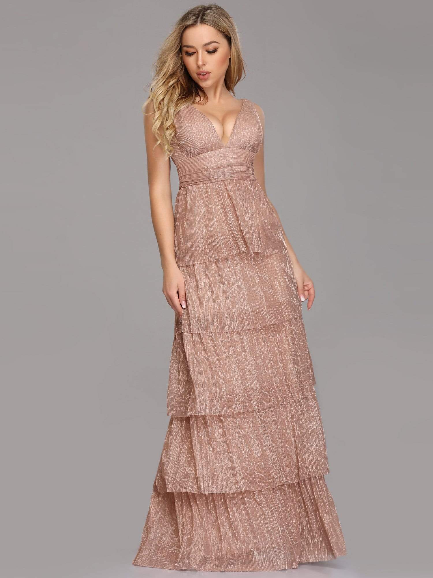 Color=Blush | V Neck Shimmery Tiered Evening Dress-Blush 4