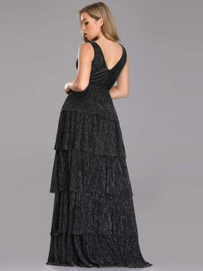 Color=Black | V Neck Shimmery Tiered Evening Dress-Black 2