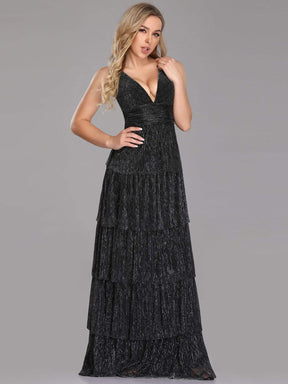 Color=Black | V Neck Shimmery Tiered Evening Dress-Black 3