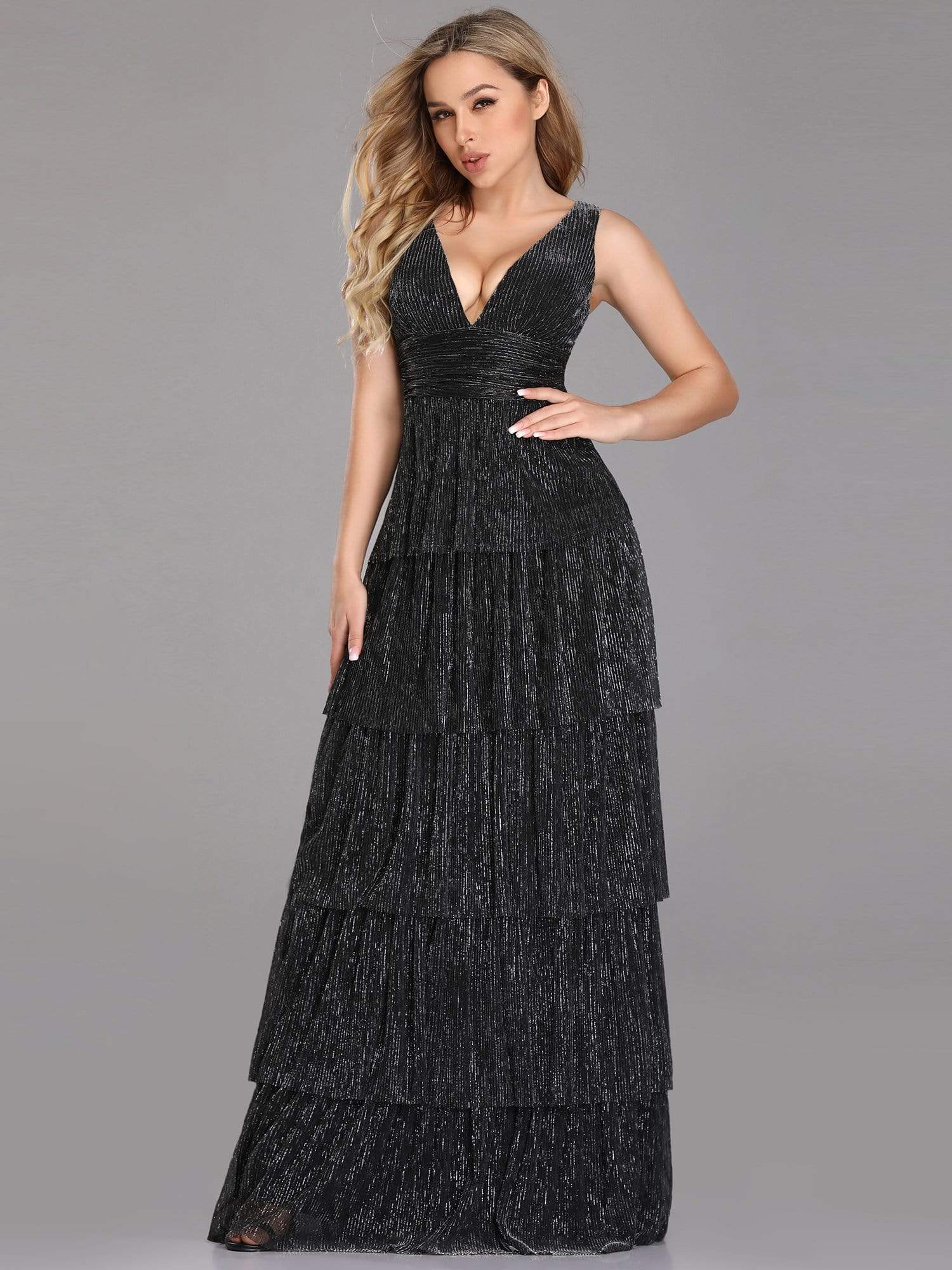 Color=Black | V Neck Shimmery Tiered Evening Dress-Black 1