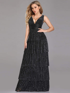 Color=Black | V Neck Shimmery Tiered Evening Dress-Black 1