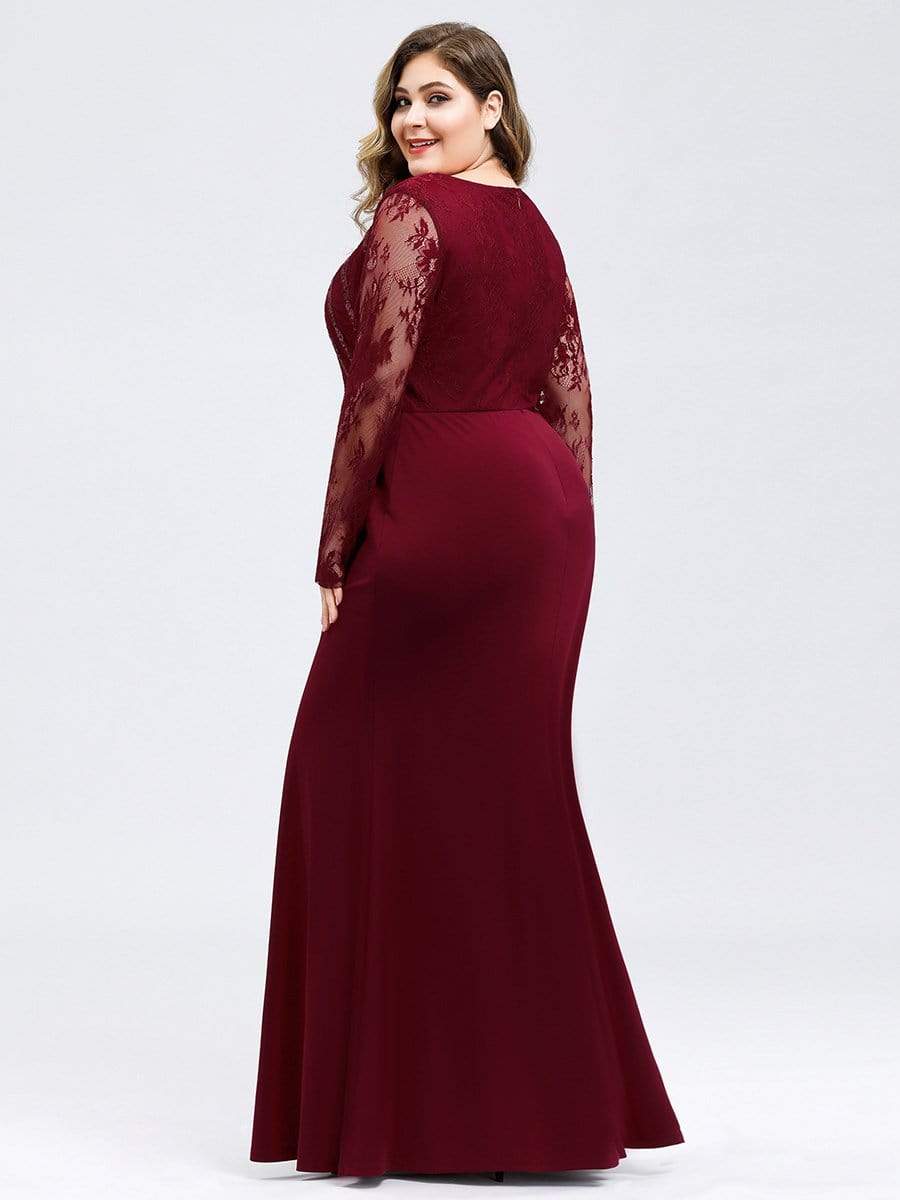 COLOR=Burgundy | Plus Size Fishtail Dresses With Long Lace Sleeve-Burgundy 2