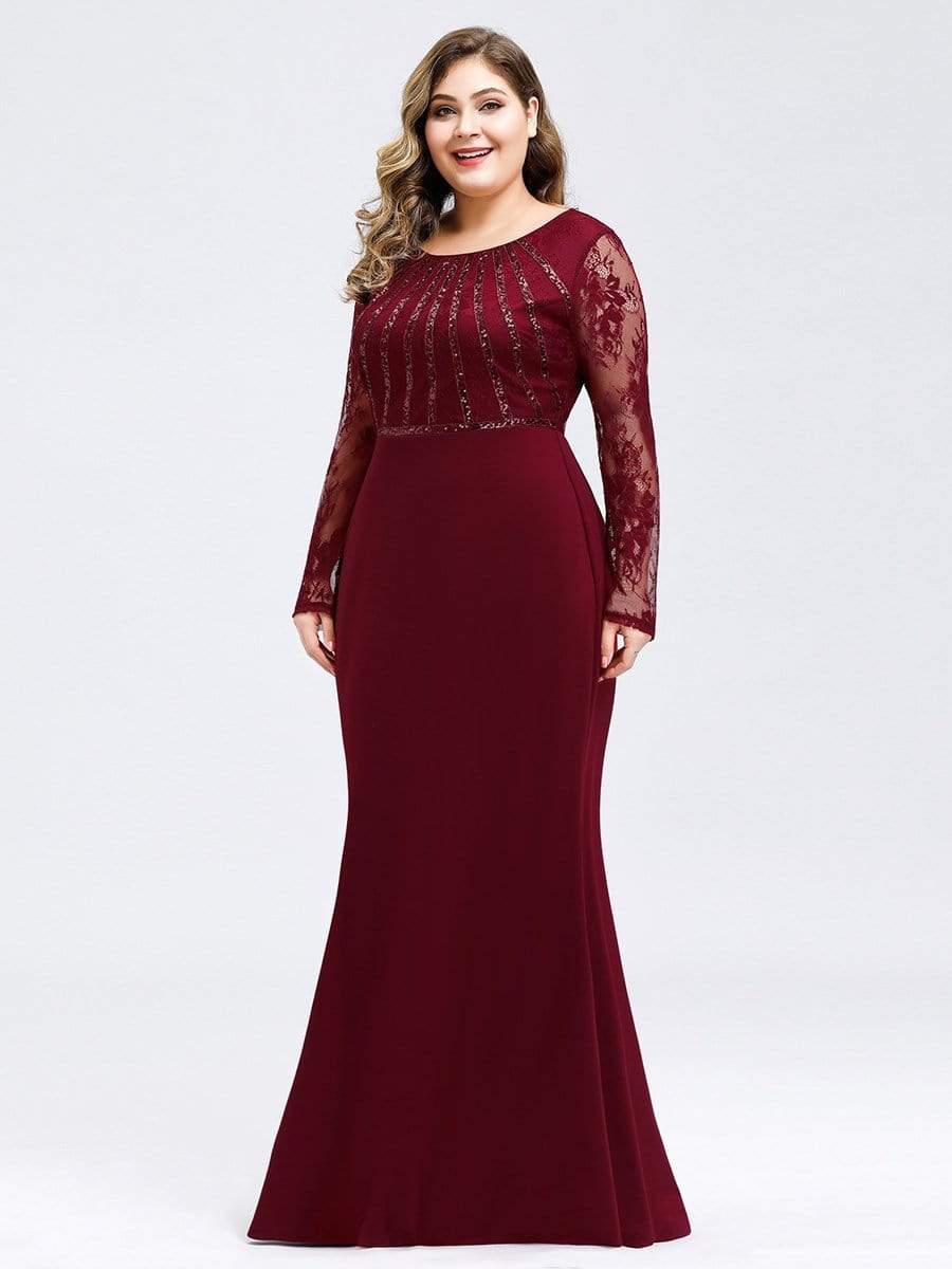 COLOR=Burgundy | Fishtail Dresses With Long Lace Sleeve-Burgundy 8