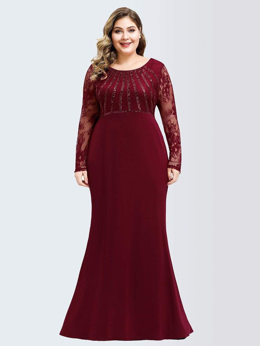 COLOR=Burgundy | Fishtail Dresses With Long Lace Sleeve-Burgundy 9