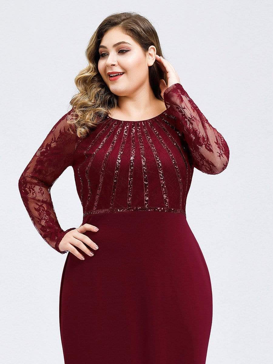 COLOR=Burgundy | Plus Size Fishtail Dresses With Long Lace Sleeve-Burgundy 5