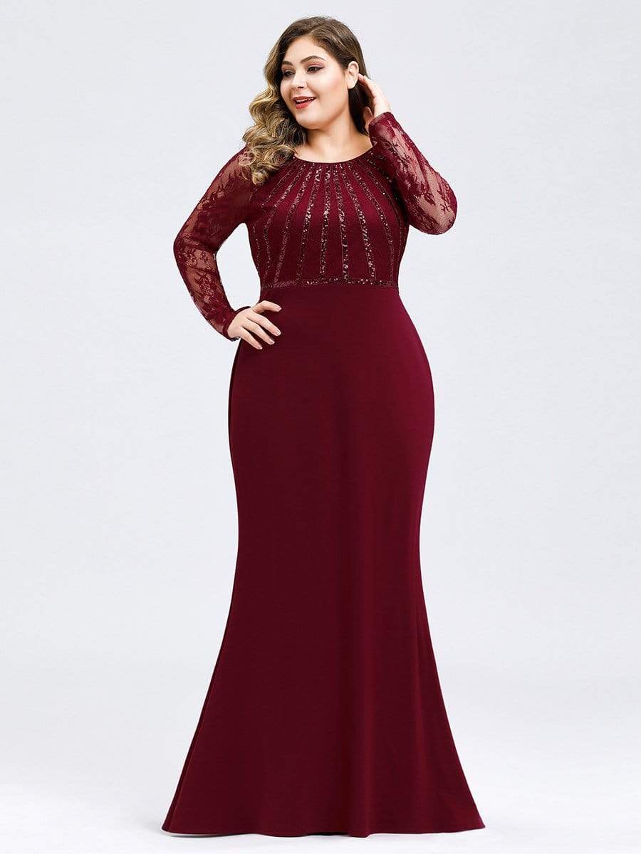 COLOR=Burgundy | Plus Size Fishtail Dresses With Long Lace Sleeve-Burgundy 1