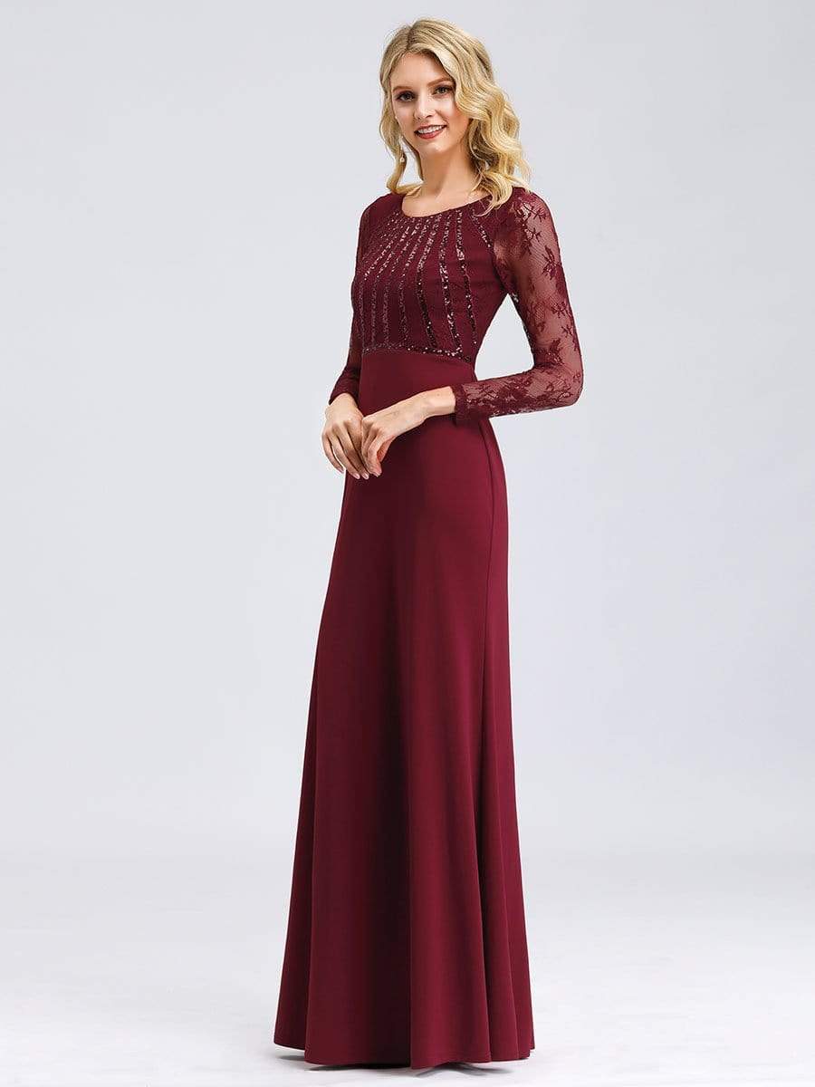 COLOR=Burgundy | Fishtail Dresses With Long Lace Sleeve-Burgundy 3