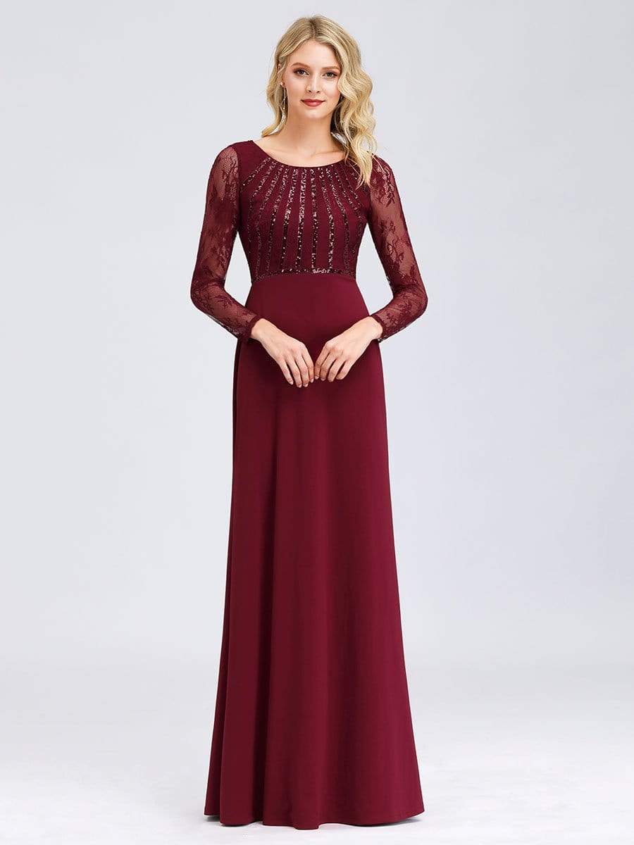 COLOR=Burgundy | Fishtail Dresses With Long Lace Sleeve-Burgundy 1